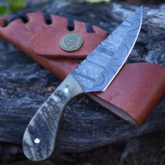 White Hills Knives Handmade Damascus Steel Knife - Ram Horn Handle - 5" Full Tang Hunting & Camping Knife - SK - 030 - Angler's Pro Tackle & Outdoors