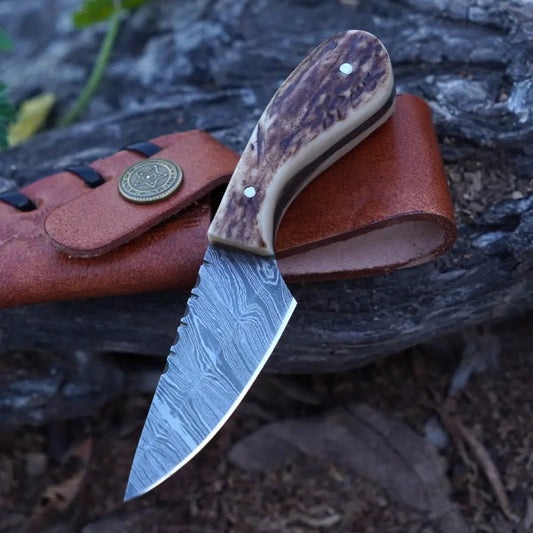 White Hills Knives Handmade Damascus Steel Knife - Stag Antler Handle - 5" Full Tang Hunting & Camping Knife - SK - 031 - Angler's Pro Tackle & Outdoors