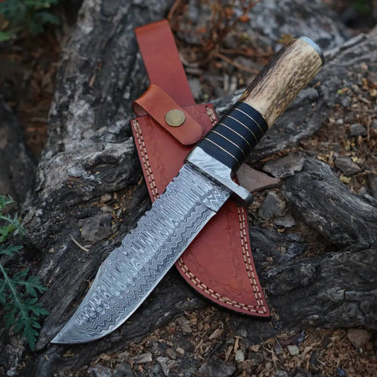 White Hills Knives Handmade Damascus Steel Knife - Stag Antler & Wood Handle - Angler's Pro Tackle & Outdoors