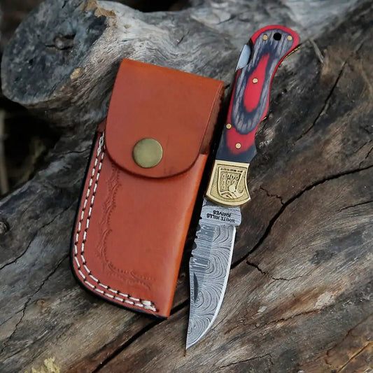 White Hills Knives HANDMADE DAMASCUS STEEL POCKET KNIFE - Folding Knife - Stain Wood Handle With Engraved Brass Eagle Bolster WH 5043 - Angler's Pro Tackle & Outdoors