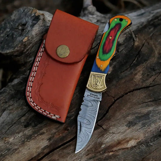 White Hills Knives HANDMADE DAMASCUS STEEL POCKET KNIFE - Folding Knife - Stain Wood Handle With Engraved Brass Eagle Bolster WH 5045 - Angler's Pro Tackle & Outdoors