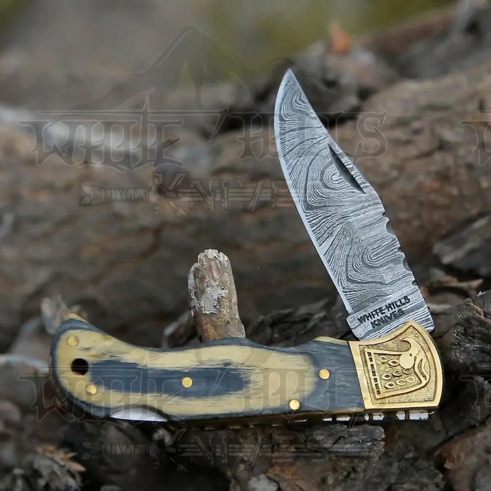 White Hills Knives HANDMADE DAMASCUS STEEL POCKET KNIFE - Folding Knife - Stain Wood Handle With Engraved Brass Eagle Bolster WH 5048 - Angler's Pro Tackle & Outdoors
