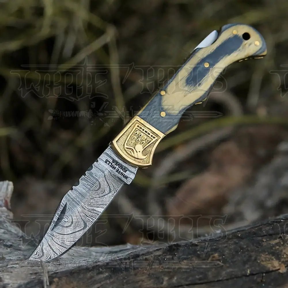 White Hills Knives HANDMADE DAMASCUS STEEL POCKET KNIFE - Folding Knife - Stain Wood Handle With Engraved Brass Eagle Bolster WH 5048 - Angler's Pro Tackle & Outdoors