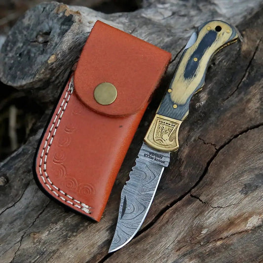 White Hills Knives HANDMADE DAMASCUS STEEL POCKET KNIFE - Folding Knife - Stain Wood Handle With Engraved Brass Eagle Bolster WH 5048 - Angler's Pro Tackle & Outdoors