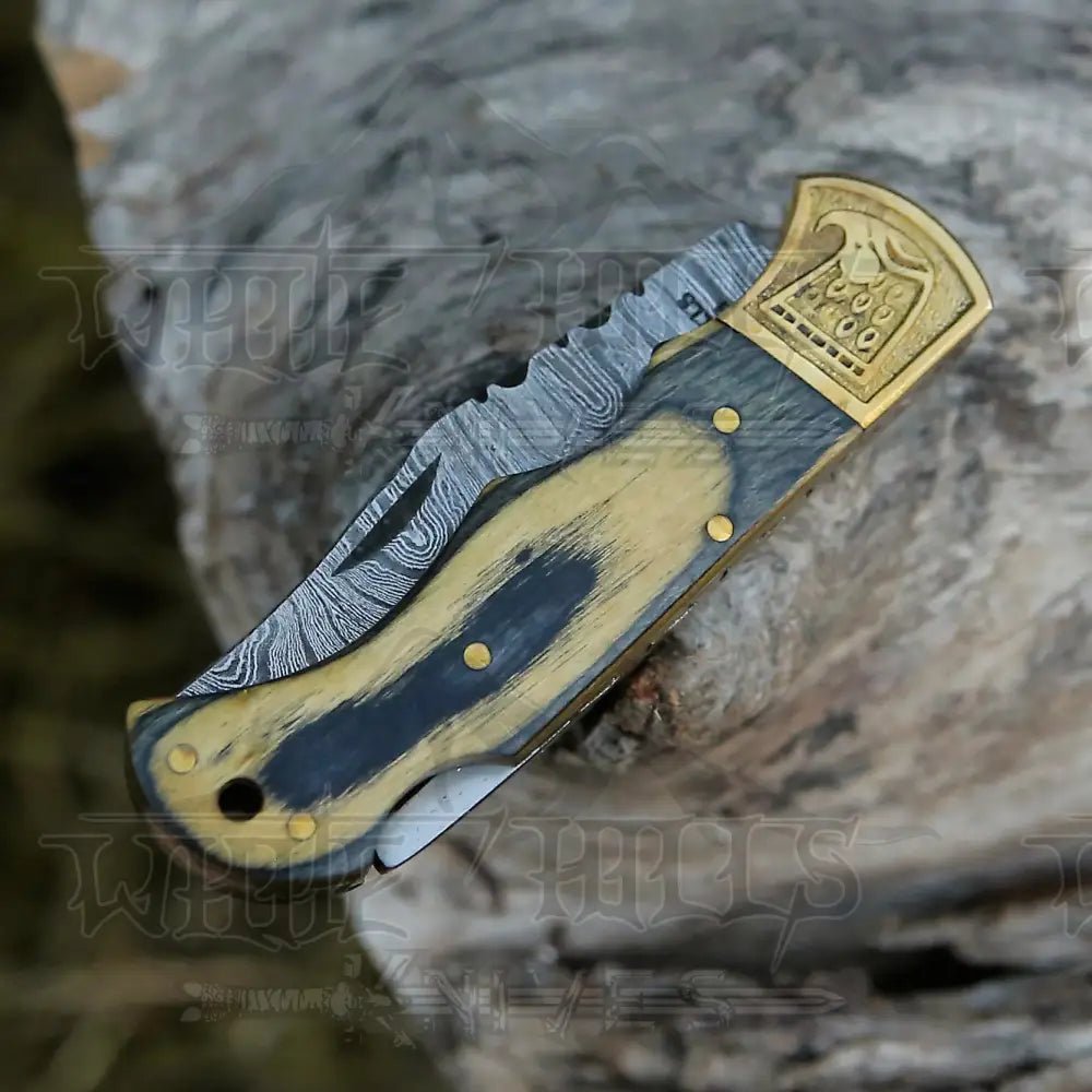 White Hills Knives HANDMADE DAMASCUS STEEL POCKET KNIFE - Folding Knife - Stain Wood Handle With Engraved Brass Eagle Bolster WH 5048 - Angler's Pro Tackle & Outdoors