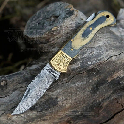White Hills Knives HANDMADE DAMASCUS STEEL POCKET KNIFE - Folding Knife - Stain Wood Handle With Engraved Brass Eagle Bolster WH 5048 - Angler's Pro Tackle & Outdoors
