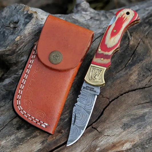 White Hills Knives HANDMADE DAMASCUS STEEL POCKET KNIFE - Folding Knife - Stain Wood Handle With Engraved Brass Eagle Bolster WH 5049 - Angler's Pro Tackle & Outdoors