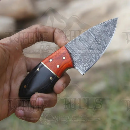 White Hills Knives Handmade Damascus Steel Skinner Knife - Buffalo Horn & Wood Handle - 5.5" Full Tang Damascus Knife - Angler's Pro Tackle & Outdoors