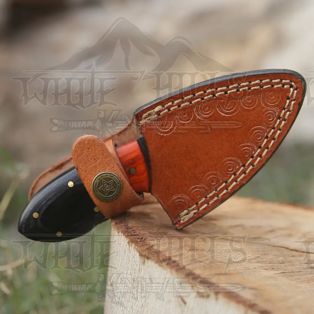 White Hills Knives Handmade Damascus Steel Skinner Knife - Buffalo Horn & Wood Handle - 5.5" Full Tang Damascus Knife - Angler's Pro Tackle & Outdoors