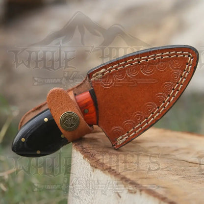 White Hills Knives Handmade Damascus Steel Skinner Knife - Buffalo Horn & Wood Handle - 5.5" Full Tang Damascus Knife - Angler's Pro Tackle & Outdoors