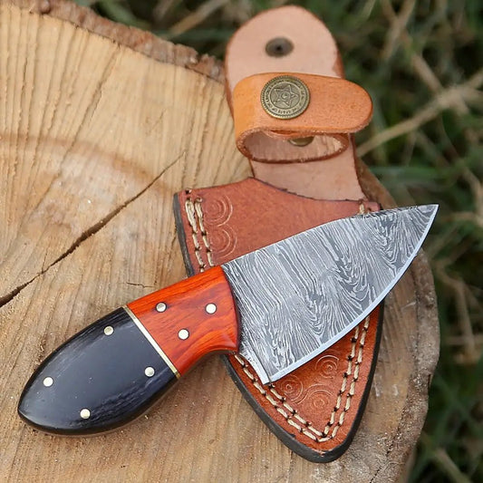 White Hills Knives Handmade Damascus Steel Skinner Knife - Buffalo Horn & Wood Handle - 5.5" Full Tang Damascus Knife - Angler's Pro Tackle & Outdoors