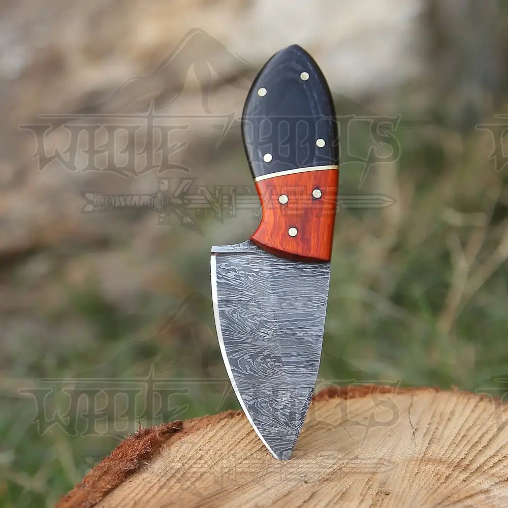 White Hills Knives Handmade Damascus Steel Skinner Knife - Buffalo Horn & Wood Handle - 5.5" Full Tang Damascus Knife - Angler's Pro Tackle & Outdoors