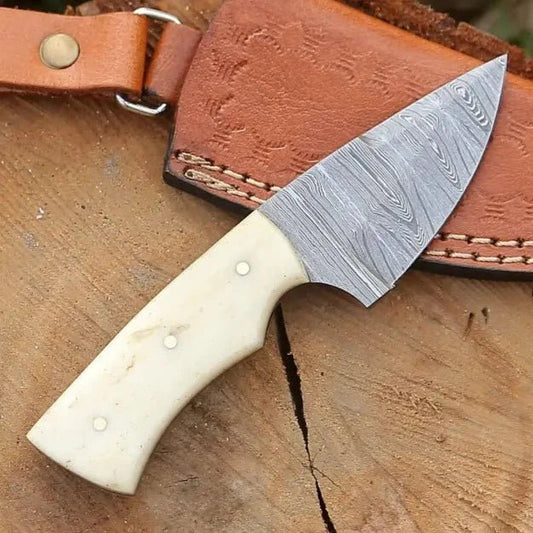 White Hills Knives Handmade Damascus Steel Skinner Knife - Camel Bone Handle - 5.5" Full Tang Damascus Knife - Angler's Pro Tackle & Outdoors