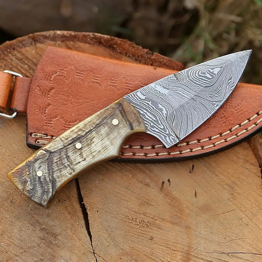 White Hills Knives Handmade Damascus Steel Skinner Knife - Ram Horn Handle - 5.5" Full Tang Damascus Knife - Angler's Pro Tackle & Outdoors