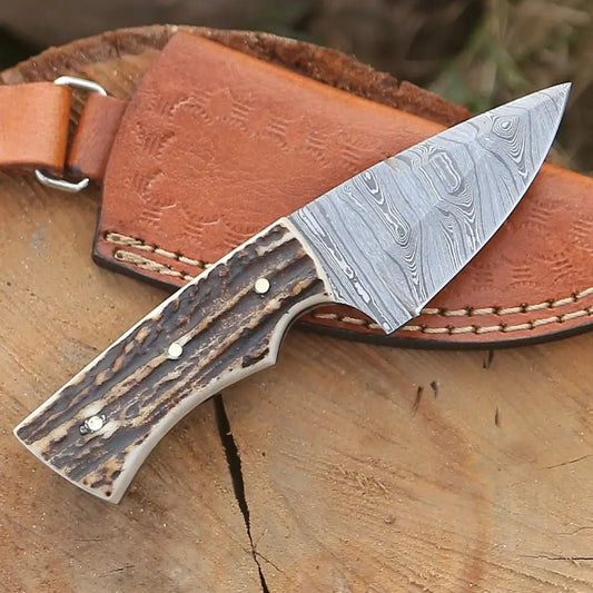 White Hills Knives Handmade Damascus Steel Skinner Knife - Stag Antler Handle - 5.5" Full Tang Damascus Knife - Angler's Pro Tackle & Outdoors
