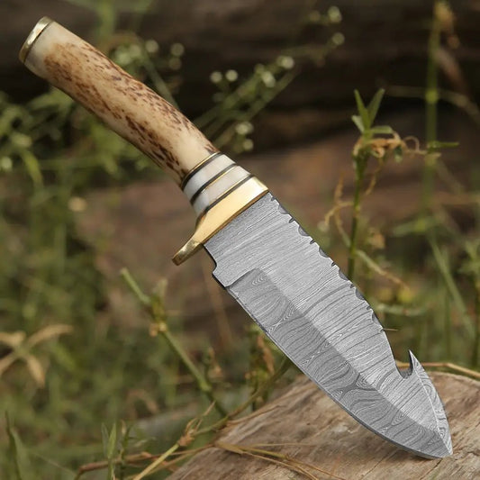 White Hills Knives Handmade Forged Damascus Steel Gut Hook Hunting Knife EDC With Orginal Stag antler Handle WH 4340 - Angler's Pro Tackle & Outdoors