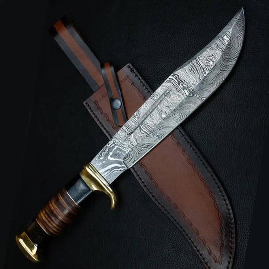 White Hills Knives HANDMADE FORGED DAMASCUS Steel Hunting Bowie Rambo Knife Bull Horn & Leather - Angler's Pro Tackle & Outdoors