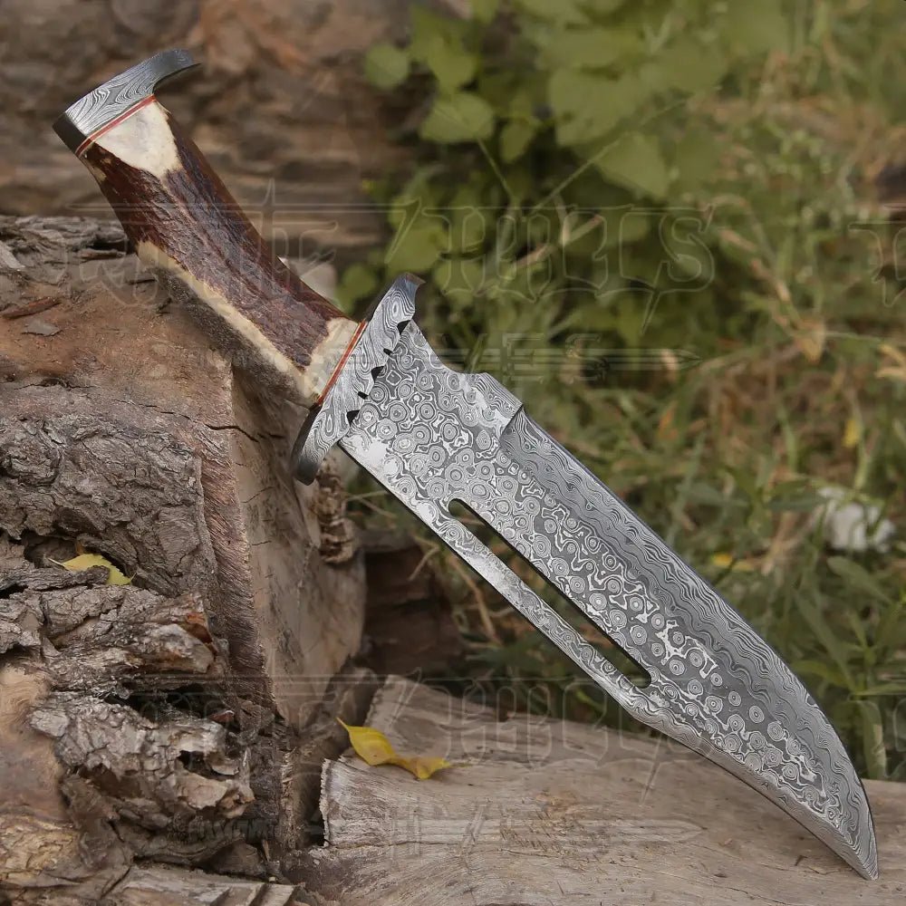 White Hills Knives HANDMADE FORGED DAMASCUS Steel Hunting Bowie Rambo Knife Deer Stag Antler EDC WH 4407 - Angler's Pro Tackle & Outdoors