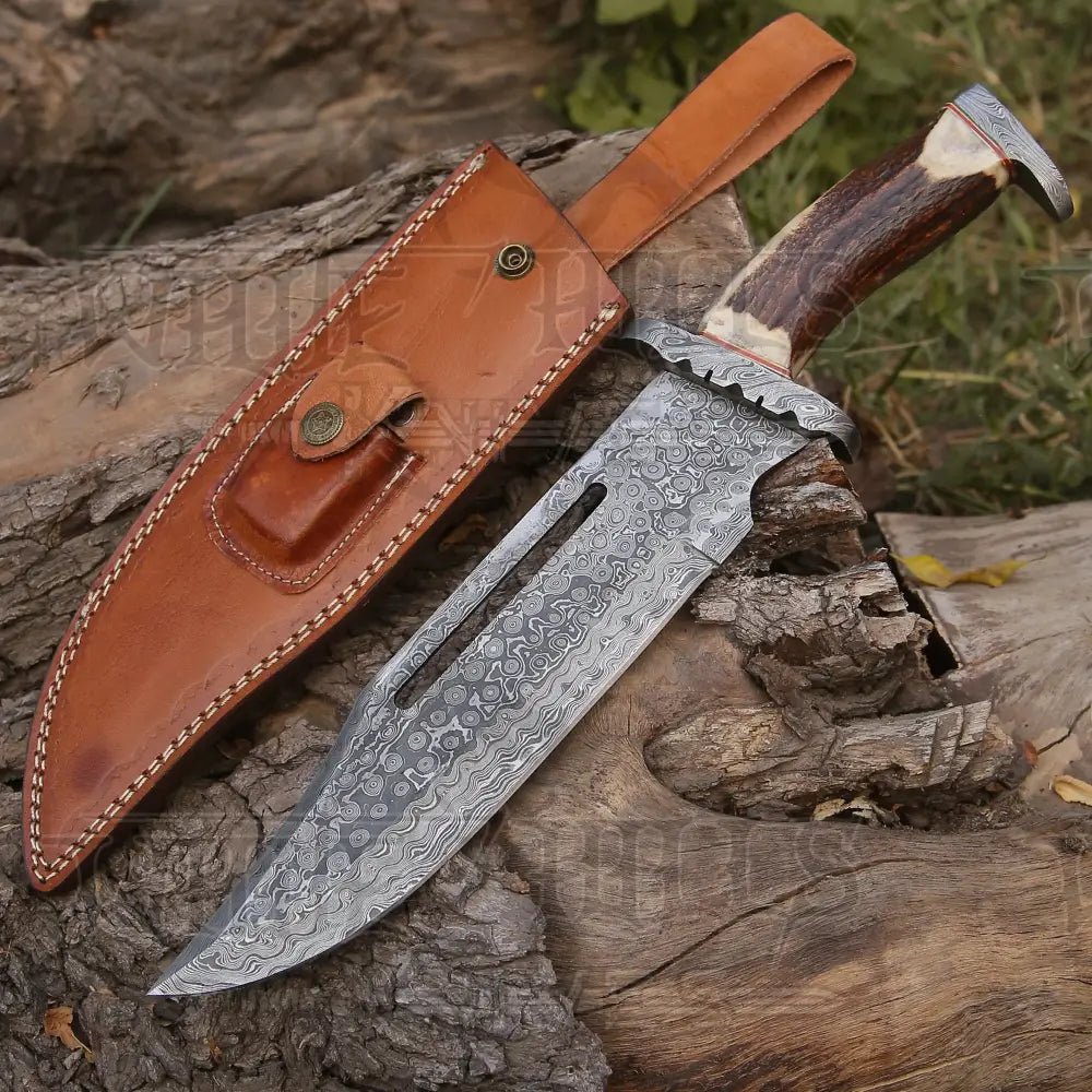 White Hills Knives HANDMADE FORGED DAMASCUS Steel Hunting Bowie Rambo Knife Deer Stag Antler EDC WH 4407 - Angler's Pro Tackle & Outdoors