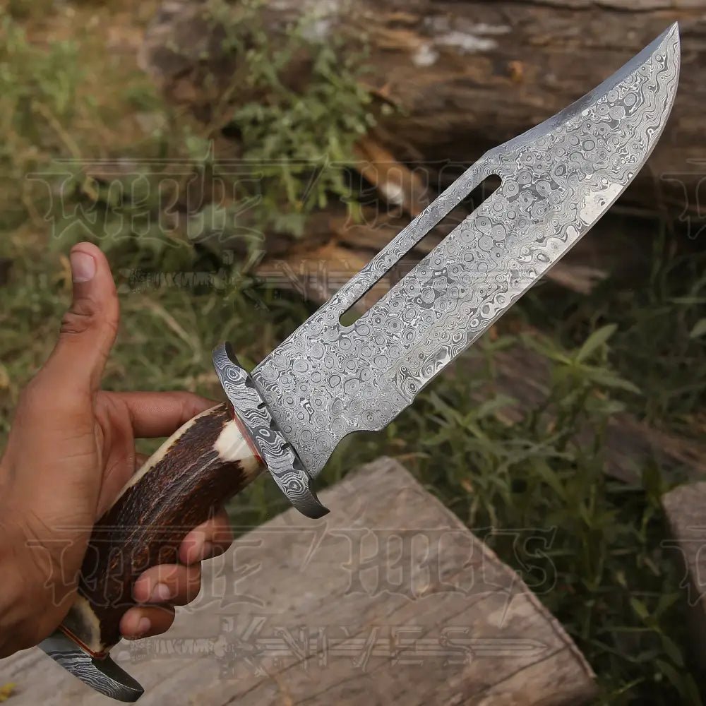 White Hills Knives HANDMADE FORGED DAMASCUS Steel Hunting Bowie Rambo Knife Deer Stag Antler EDC WH 4407 - Angler's Pro Tackle & Outdoors