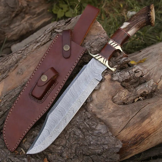 White Hills Knives HANDMADE FORGED DAMASCUS Steel Hunting Bowie Rambo Knife Deer Stag Crown Handle WH 4411 - Angler's Pro Tackle & Outdoors