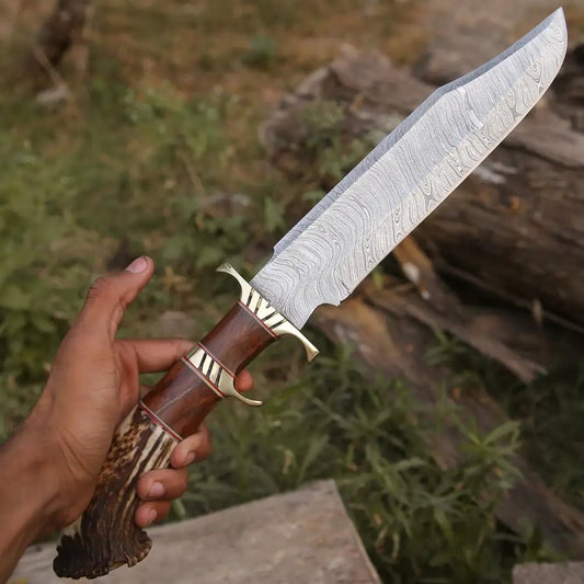 White Hills Knives Handmade Forged Damascus Steel Hunting Bowie Rambo Knife with Deer Crown Stag Handle - Angler's Pro Tackle & Outdoors