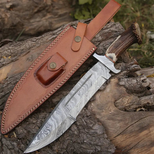 White Hills Knives Handmade Forged Damascus Steel Hunting Bowie Rambo Knife With Deer Stag Antler Handle WH 4410 - Angler's Pro Tackle & Outdoors