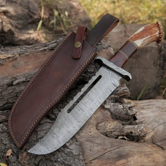 White Hills Knives Handmade Forged Damascus Steel Hunting Bowie Rambo Knife With Deer Stag Antler Handle WH 44H - Angler's Pro Tackle & Outdoors