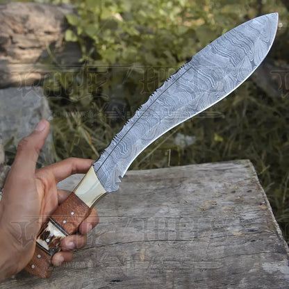 White Hills Knives Handmade Forged Damascus Steel Hunting Bushcraft Kukri Knife Survival EDC 12” With Olive Wood & Stag Handle WH 3900 - Angler's Pro Tackle & Outdoors
