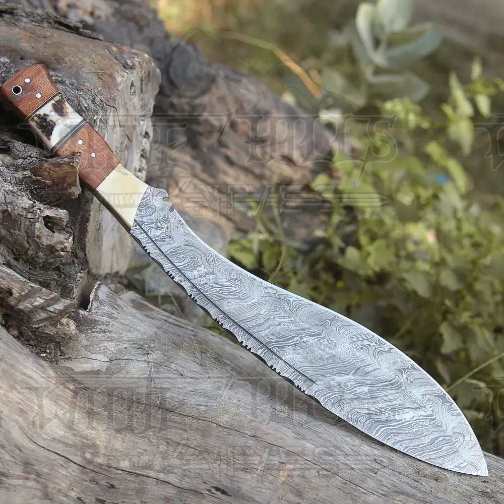 White Hills Knives Handmade Forged Damascus Steel Hunting Bushcraft Kukri Knife Survival EDC 12” With Olive Wood & Stag Handle WH 3900 - Angler's Pro Tackle & Outdoors