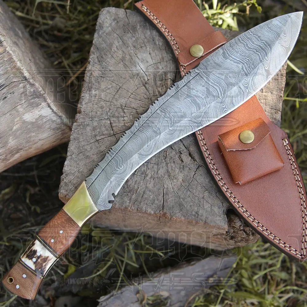 White Hills Knives Handmade Forged Damascus Steel Hunting Bushcraft Kukri Knife Survival EDC 12” With Olive Wood & Stag Handle WH 3900 - Angler's Pro Tackle & Outdoors