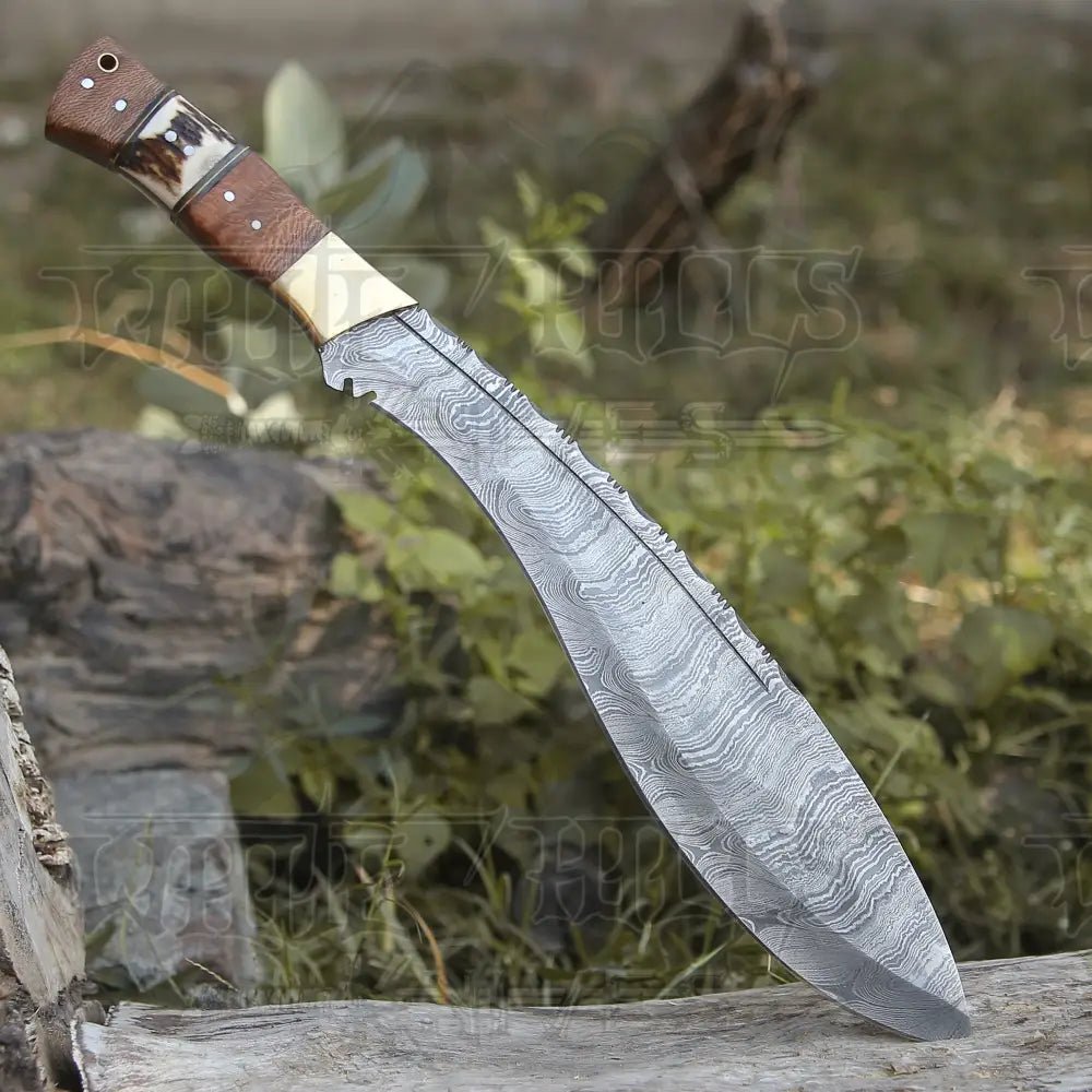 White Hills Knives Handmade Forged Damascus Steel Hunting Bushcraft Kukri Knife Survival EDC 12” With Olive Wood & Stag Handle WH 3900 - Angler's Pro Tackle & Outdoors