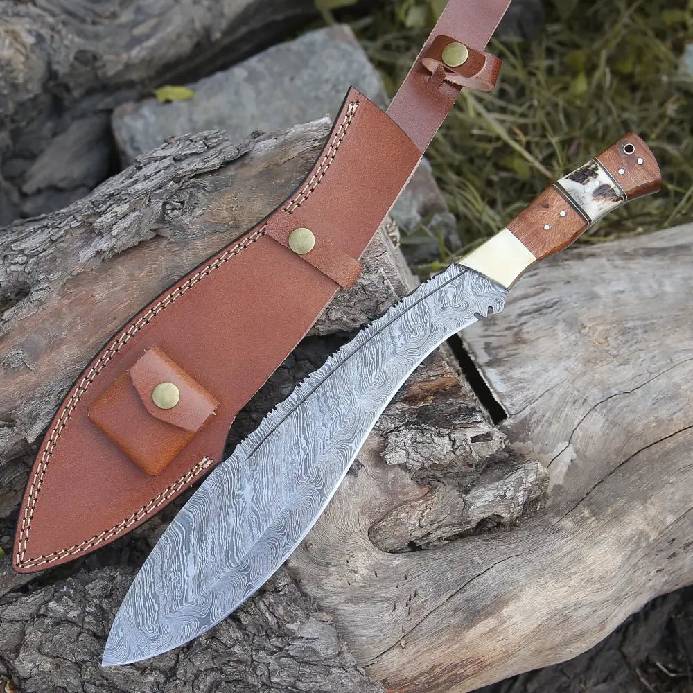 White Hills Knives Handmade Forged Damascus Steel Hunting Bushcraft Kukri Knife Survival EDC 12” With Olive Wood & Stag Handle WH 3900 - Angler's Pro Tackle & Outdoors