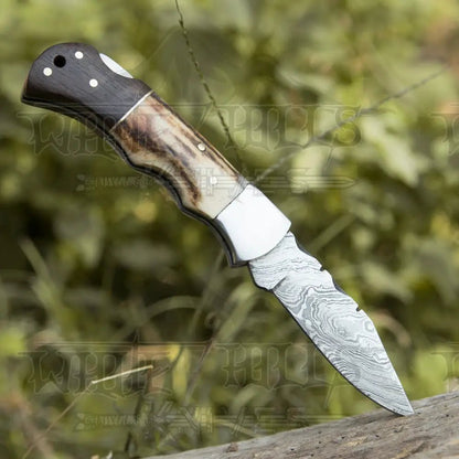 White Hills Knives Handmade Forged Damascus Steel Hunting Camping Folding Pocket Knife With Stag Antler & Cocobolo Wood Steel Bolster Handle WH 3985 - Angler's Pro Tackle & Outdoors
