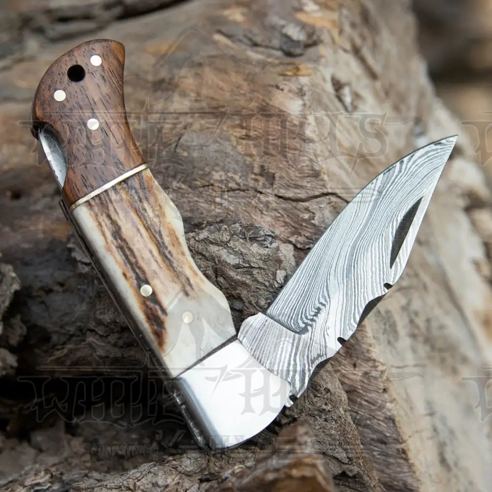 White Hills Knives Handmade Forged Damascus Steel Hunting Camping Folding Pocket Knife With Stag Antler & Cocobolo Wood Steel Bolster Handle WH 3985 - Angler's Pro Tackle & Outdoors