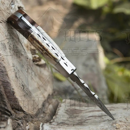 White Hills Knives Handmade Forged Damascus Steel Hunting Camping Folding Pocket Knife With Stag Antler & Cocobolo Wood Steel Bolster Handle WH 3985 - Angler's Pro Tackle & Outdoors