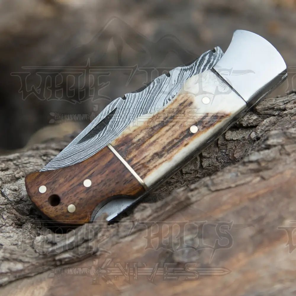White Hills Knives Handmade Forged Damascus Steel Hunting Camping Folding Pocket Knife With Stag Antler & Cocobolo Wood Steel Bolster Handle WH 3985 - Angler's Pro Tackle & Outdoors