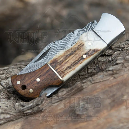 White Hills Knives Handmade Forged Damascus Steel Hunting Camping Folding Pocket Knife With Stag Antler & Cocobolo Wood Steel Bolster Handle WH 3985 - Angler's Pro Tackle & Outdoors