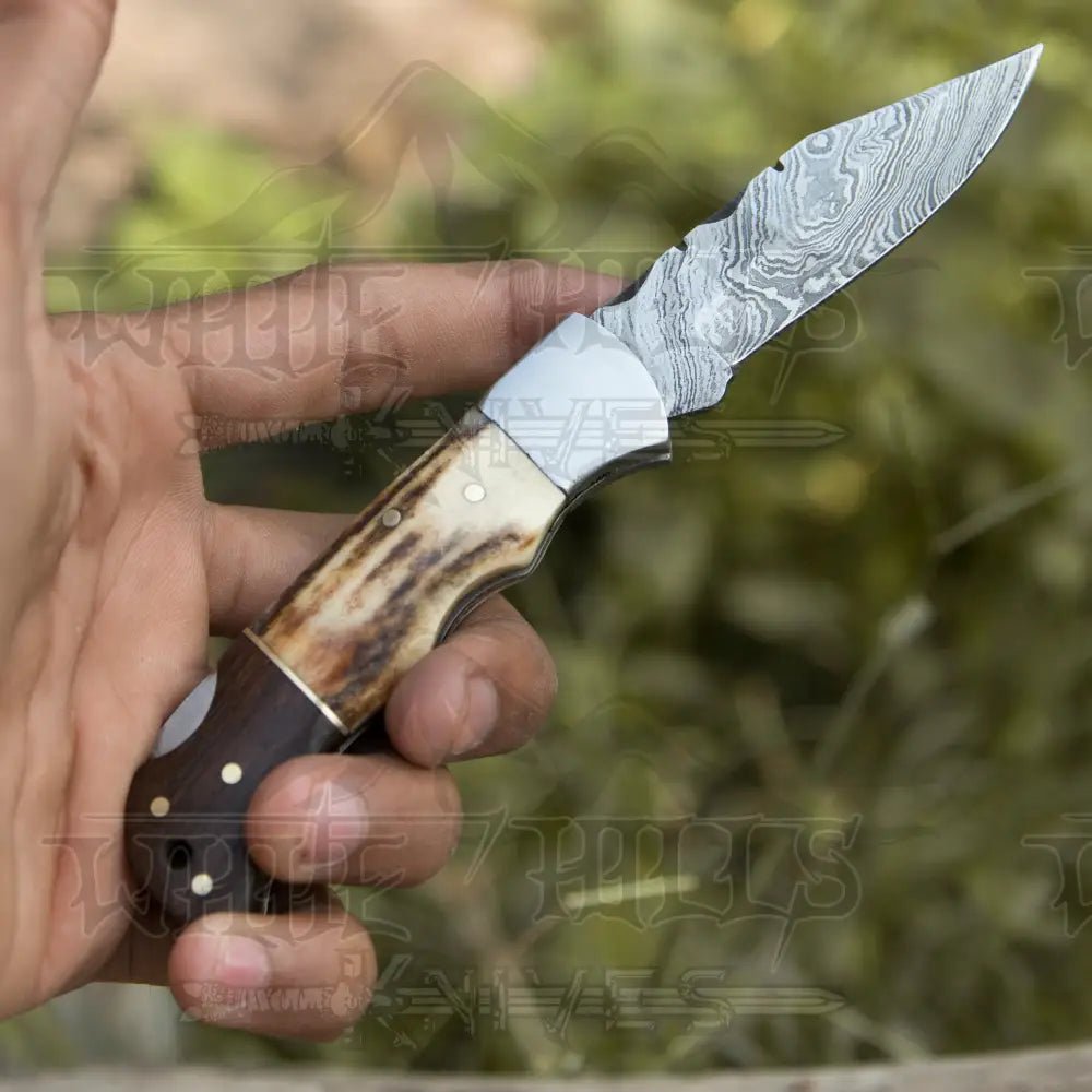 White Hills Knives Handmade Forged Damascus Steel Hunting Camping Folding Pocket Knife With Stag Antler & Cocobolo Wood Steel Bolster Handle WH 3985 - Angler's Pro Tackle & Outdoors