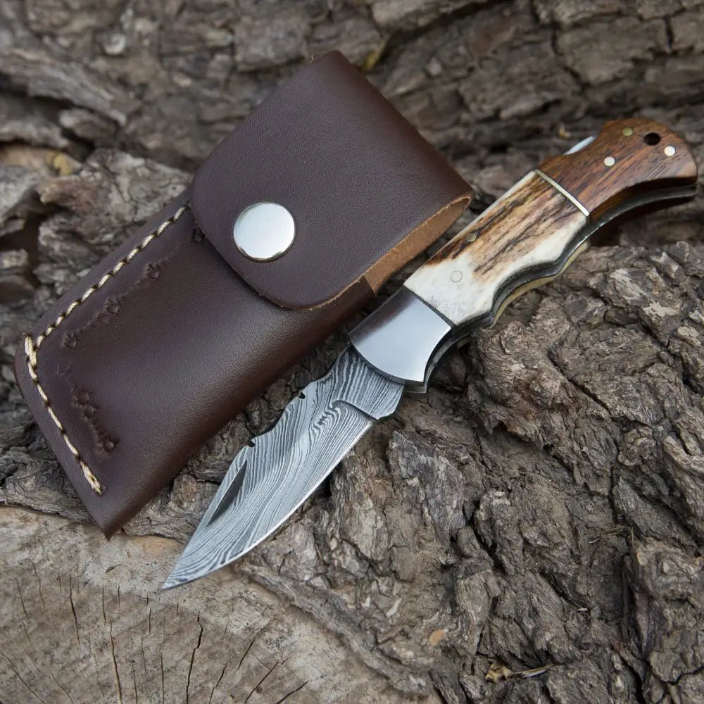 White Hills Knives Handmade Forged Damascus Steel Hunting Camping Folding Pocket Knife With Stag Antler & Cocobolo Wood Steel Bolster Handle WH 3985 - Angler's Pro Tackle & Outdoors