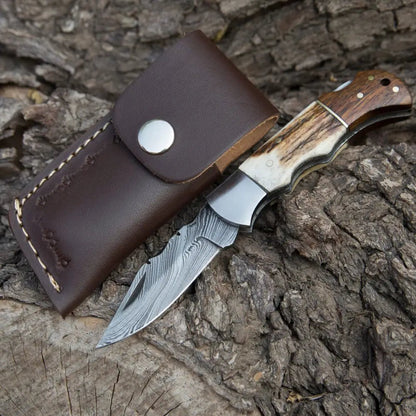 White Hills Knives Handmade Forged Damascus Steel Hunting Camping Folding Pocket Knife With Stag Antler & Cocobolo Wood Steel Bolster Handle WH 3985 - Angler's Pro Tackle & Outdoors