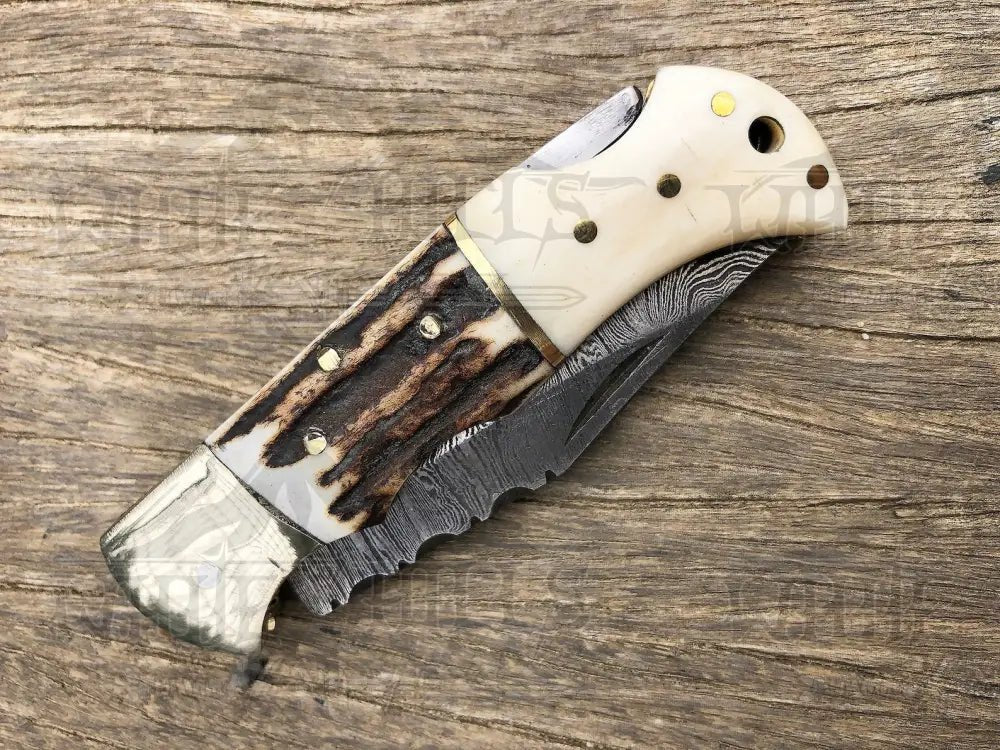White Hills Knives Handmade Forged Damascus Steel Hunting Folding Camping Pocket Knife With Stag Antler Camel Bone & Steel Bolster Handle WH 3986 - Angler's Pro Tackle & Outdoors