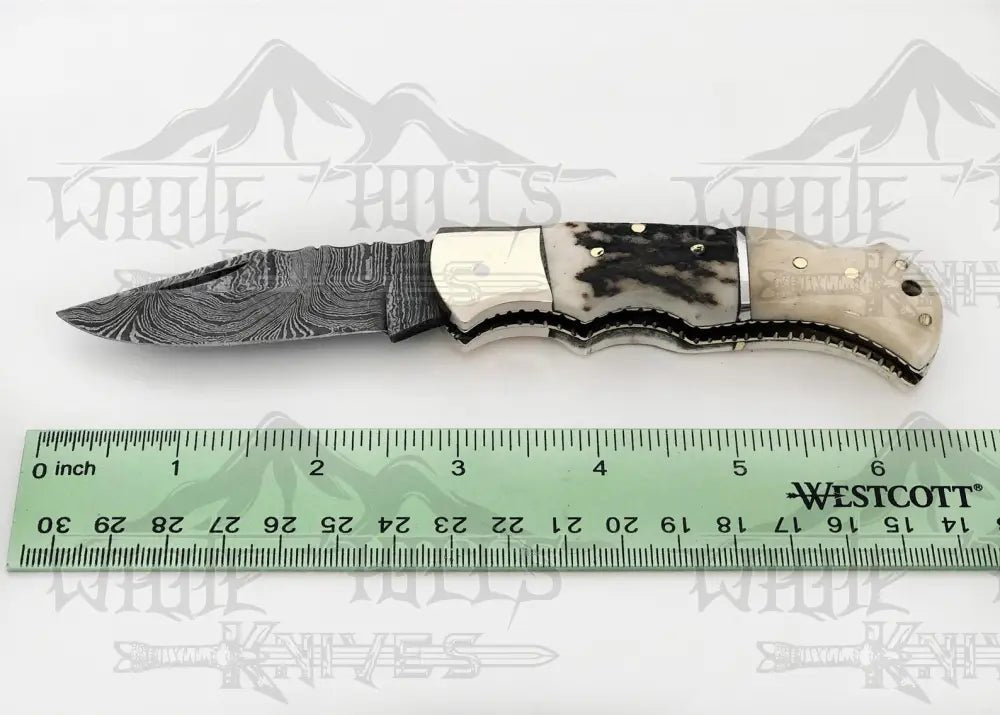 White Hills Knives Handmade Forged Damascus Steel Hunting Folding Camping Pocket Knife With Stag Antler Camel Bone & Steel Bolster Handle WH 3986 - Angler's Pro Tackle & Outdoors