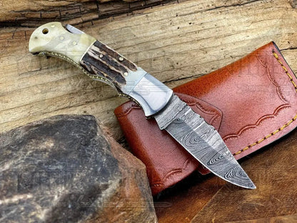 White Hills Knives Handmade Forged Damascus Steel Hunting Folding Camping Pocket Knife With Stag Antler Camel Bone & Steel Bolster Handle WH 3986 - Angler's Pro Tackle & Outdoors