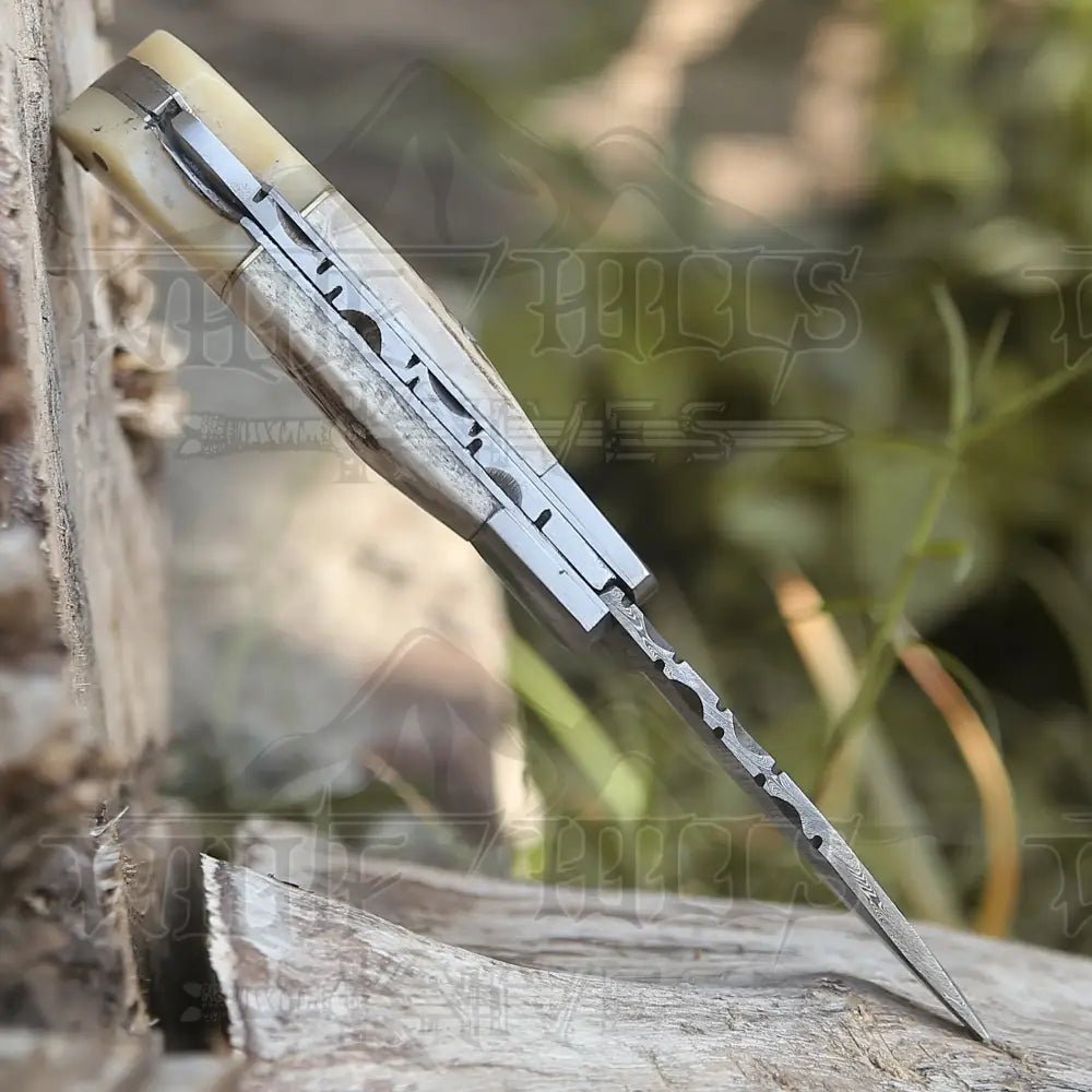 White Hills Knives Handmade Forged Damascus Steel Hunting Folding Camping Pocket Knife With Stag Antler Camel Bone & Steel Bolster Handle WH 3986 - Angler's Pro Tackle & Outdoors