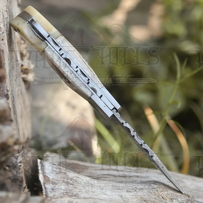 White Hills Knives Handmade Forged Damascus Steel Hunting Folding Camping Pocket Knife With Stag Antler Camel Bone & Steel Bolster Handle WH 3986 - Angler's Pro Tackle & Outdoors