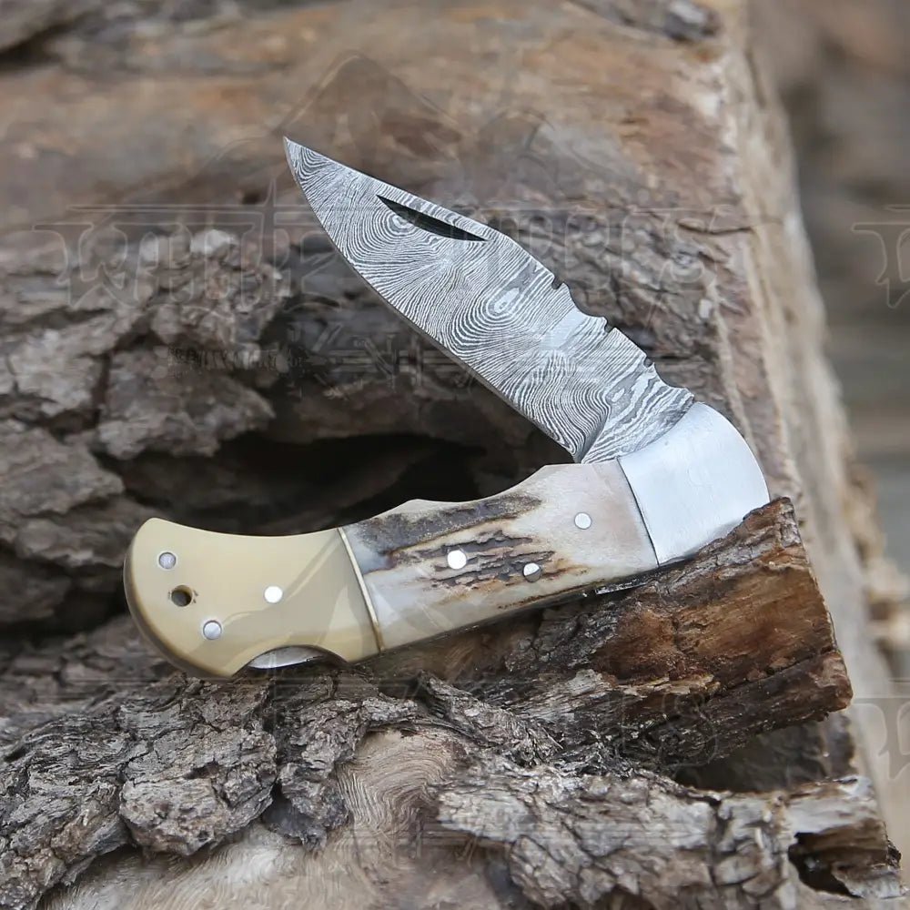 White Hills Knives Handmade Forged Damascus Steel Hunting Folding Camping Pocket Knife With Stag Antler Camel Bone & Steel Bolster Handle WH 3986 - Angler's Pro Tackle & Outdoors