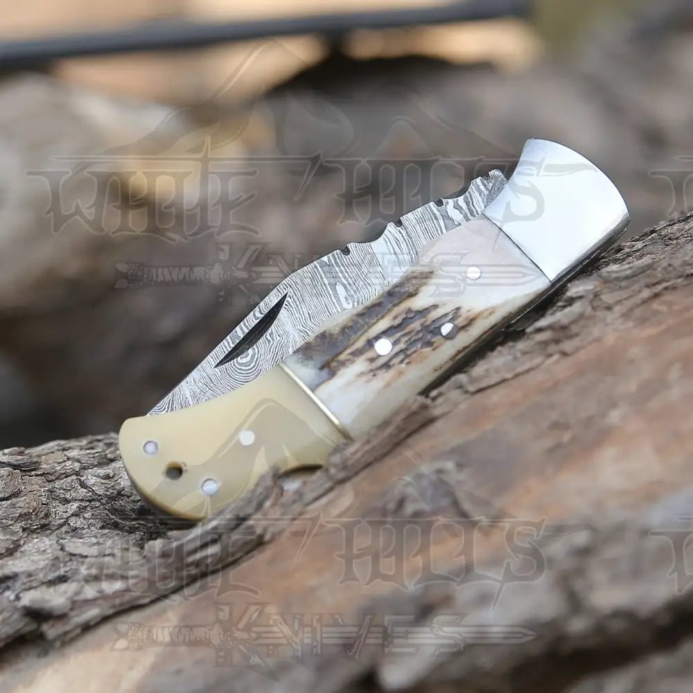 White Hills Knives Handmade Forged Damascus Steel Hunting Folding Camping Pocket Knife With Stag Antler Camel Bone & Steel Bolster Handle WH 3986 - Angler's Pro Tackle & Outdoors
