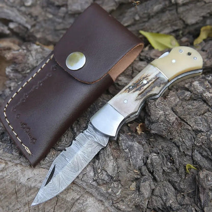 White Hills Knives Handmade Forged Damascus Steel Hunting Folding Camping Pocket Knife With Stag Antler Camel Bone & Steel Bolster Handle WH 3986 - Angler's Pro Tackle & Outdoors