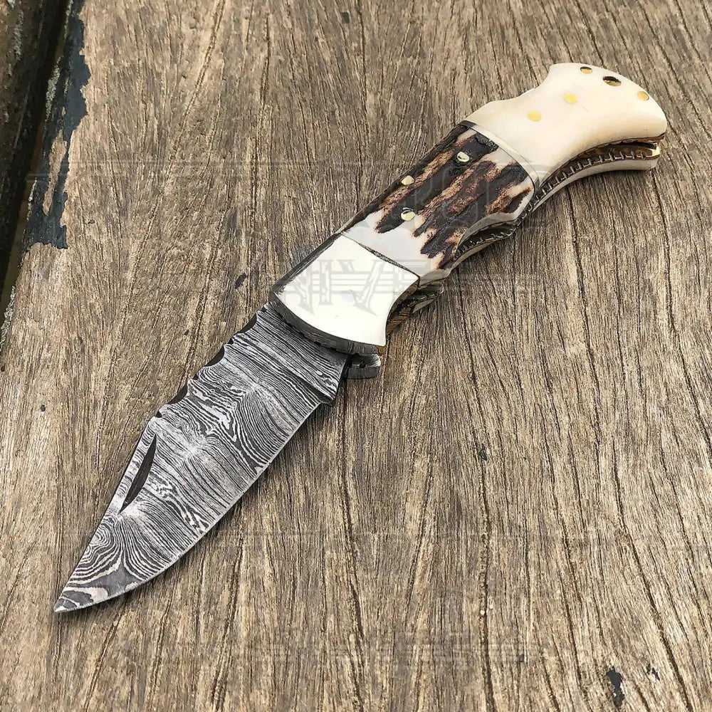 White Hills Knives Handmade Forged Damascus Steel Hunting Folding Camping Pocket Knife With Stag Antler Camel Bone & Steel Bolster Handle WH 3986 - Angler's Pro Tackle & Outdoors